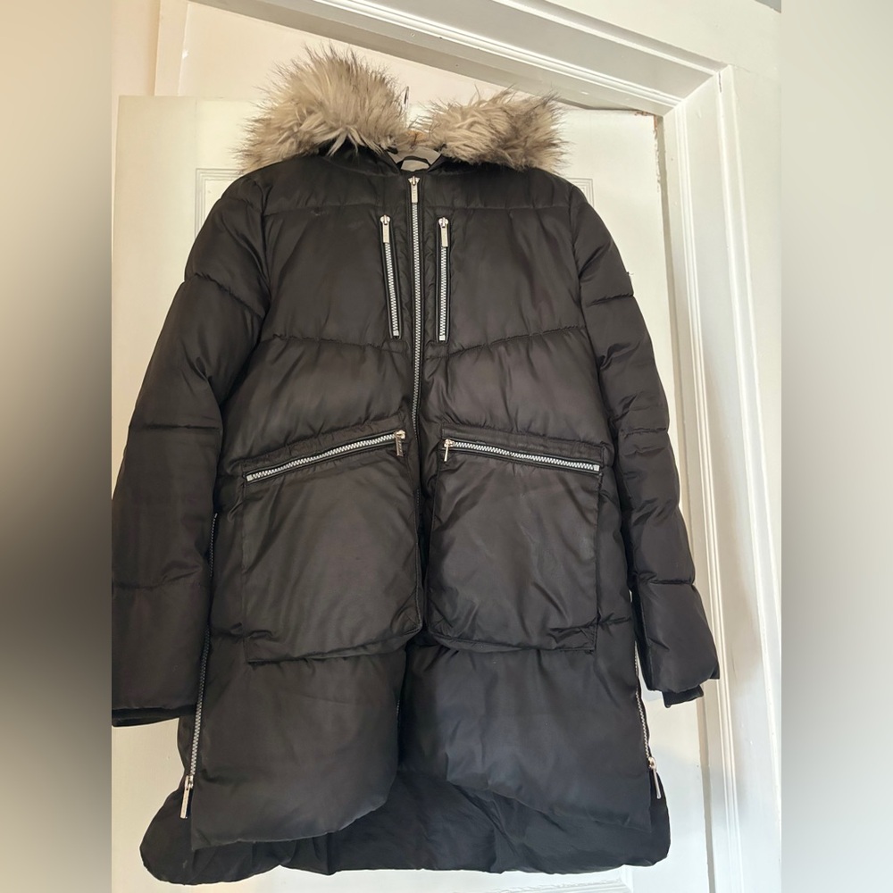 DKNY Brown Long Puffer Jacket with Faux Fur Hood